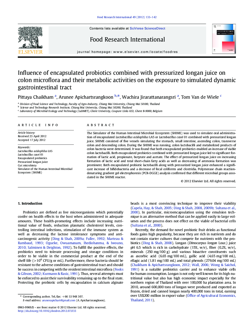 Influence of encapsulated probiotics combined with pressurized longan juice on colon microflora and their metabolic activities on the exposure to simulated dynamic gastrointestinal tract
