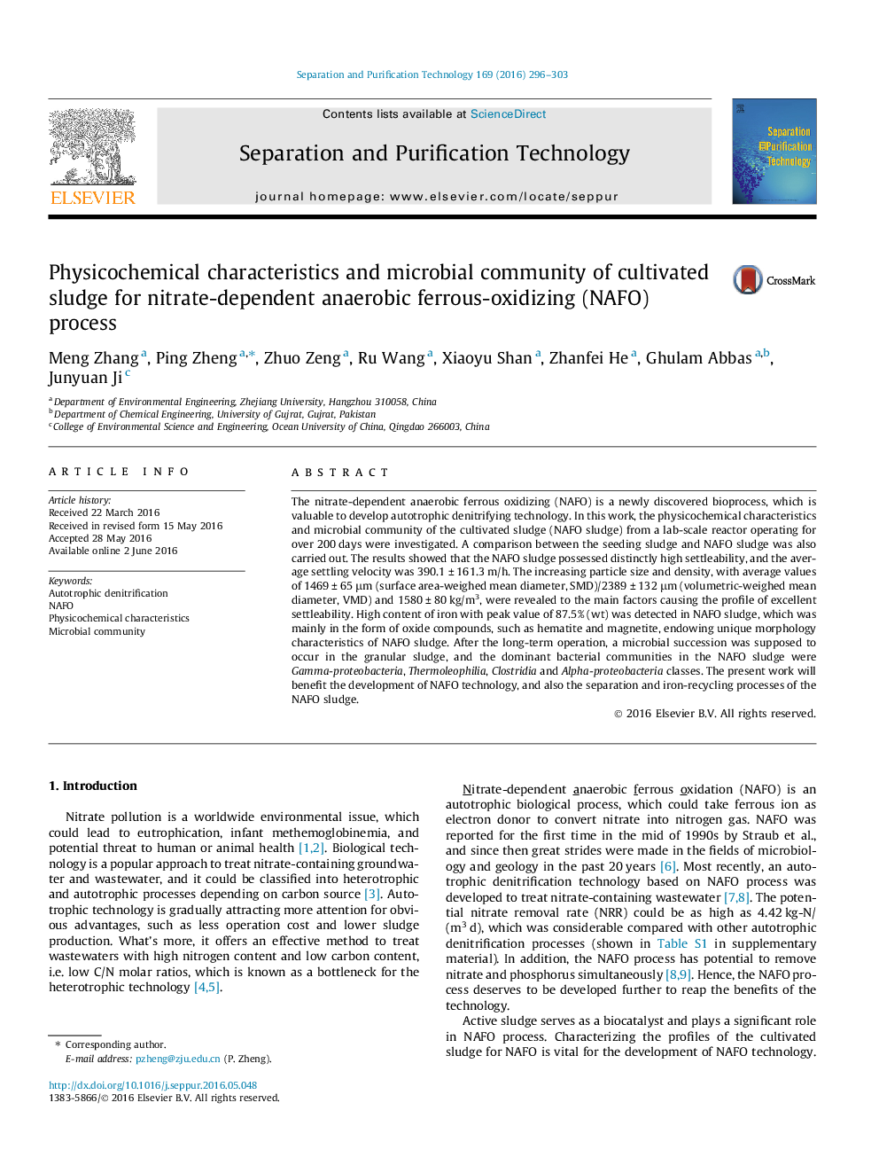 Physicochemical characteristics and microbial community of cultivated sludge for nitrate-dependent anaerobic ferrous-oxidizing (NAFO) process