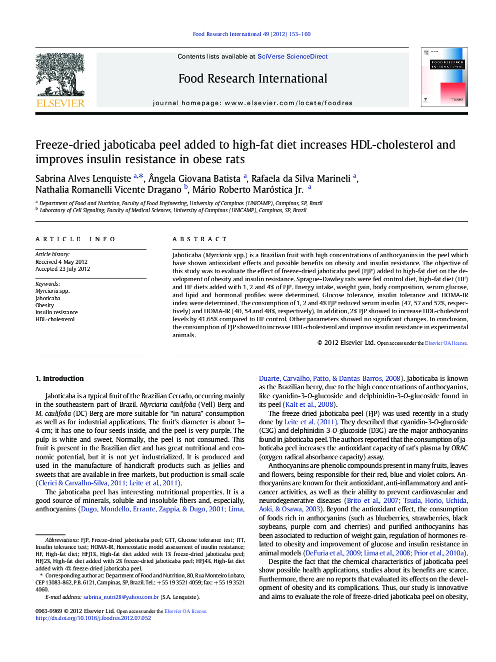 Freeze-dried jaboticaba peel added to high-fat diet increases HDL-cholesterol and improves insulin resistance in obese rats