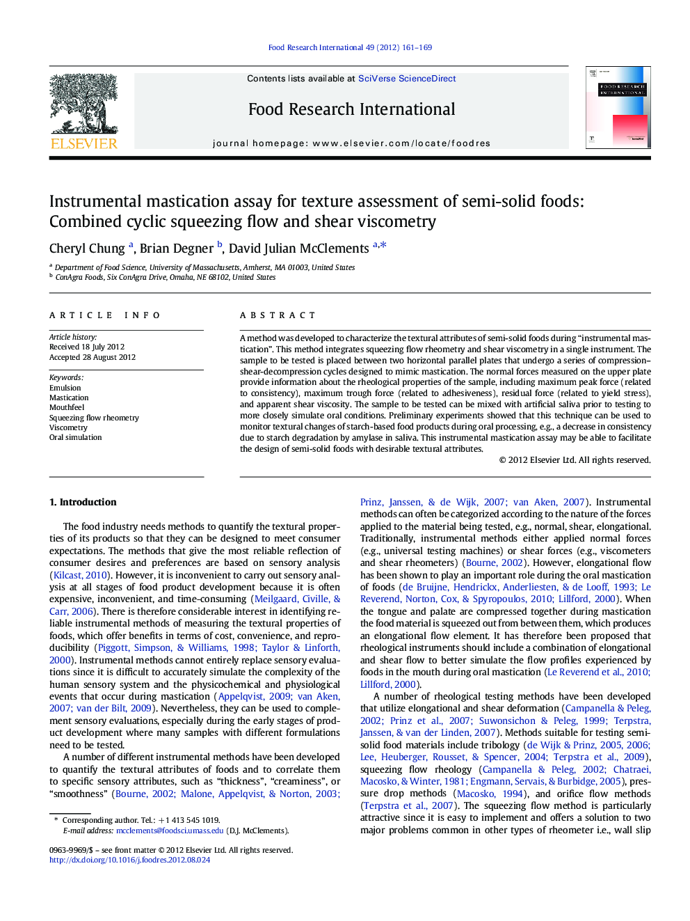 Instrumental mastication assay for texture assessment of semi-solid foods: Combined cyclic squeezing flow and shear viscometry