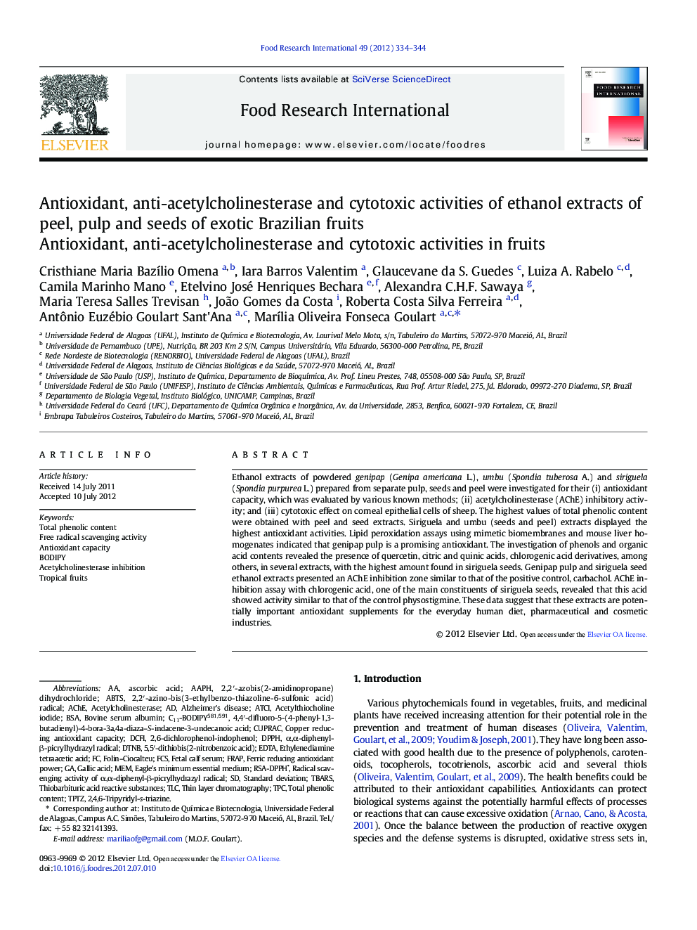 Antioxidant, anti-acetylcholinesterase and cytotoxic activities of ethanol extracts of peel, pulp and seeds of exotic Brazilian fruits: Antioxidant, anti-acetylcholinesterase and cytotoxic activities in fruits