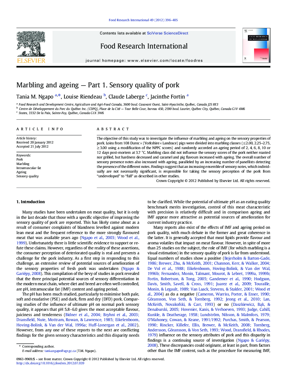 Marbling and ageing - Part 1. Sensory quality of pork