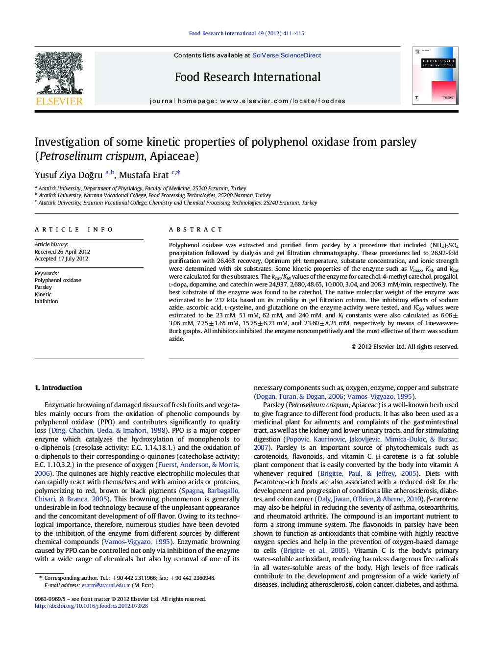 Investigation of some kinetic properties of polyphenol oxidase from parsley (Petroselinum crispum, Apiaceae)