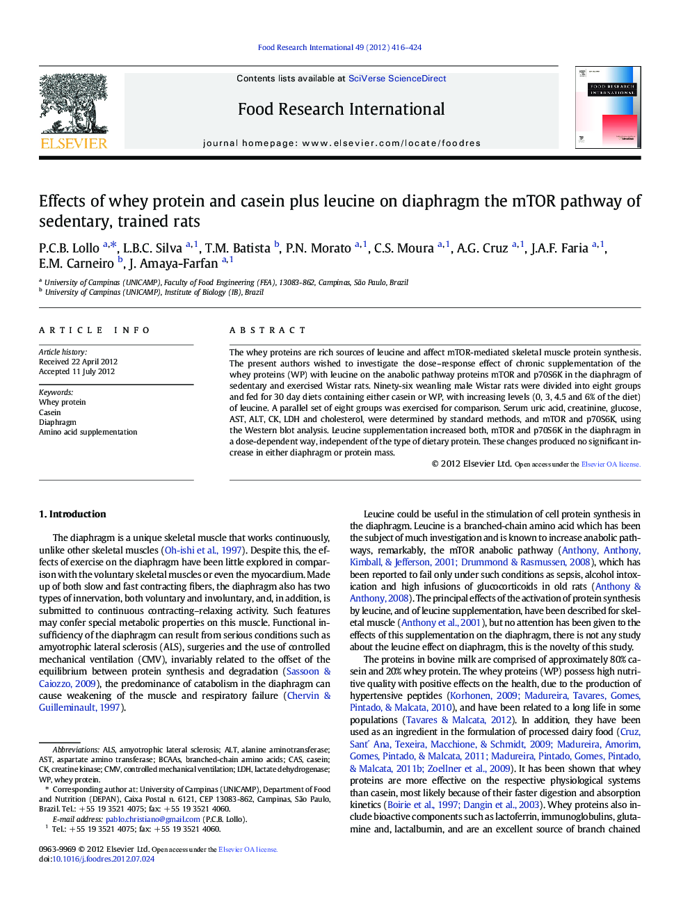 Effects of whey protein and casein plus leucine on diaphragm the mTOR pathway of sedentary, trained rats