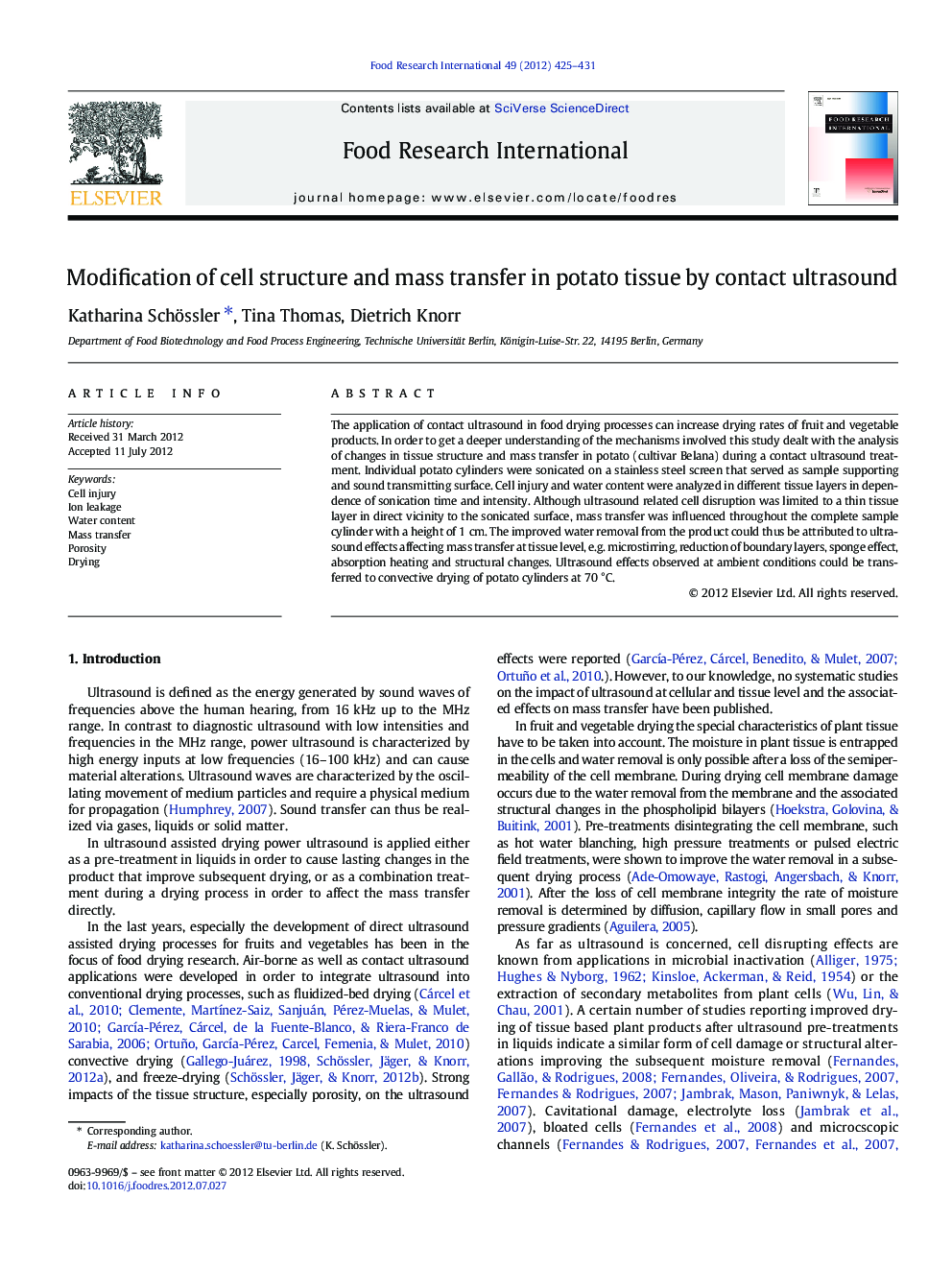 Modification of cell structure and mass transfer in potato tissue by contact ultrasound