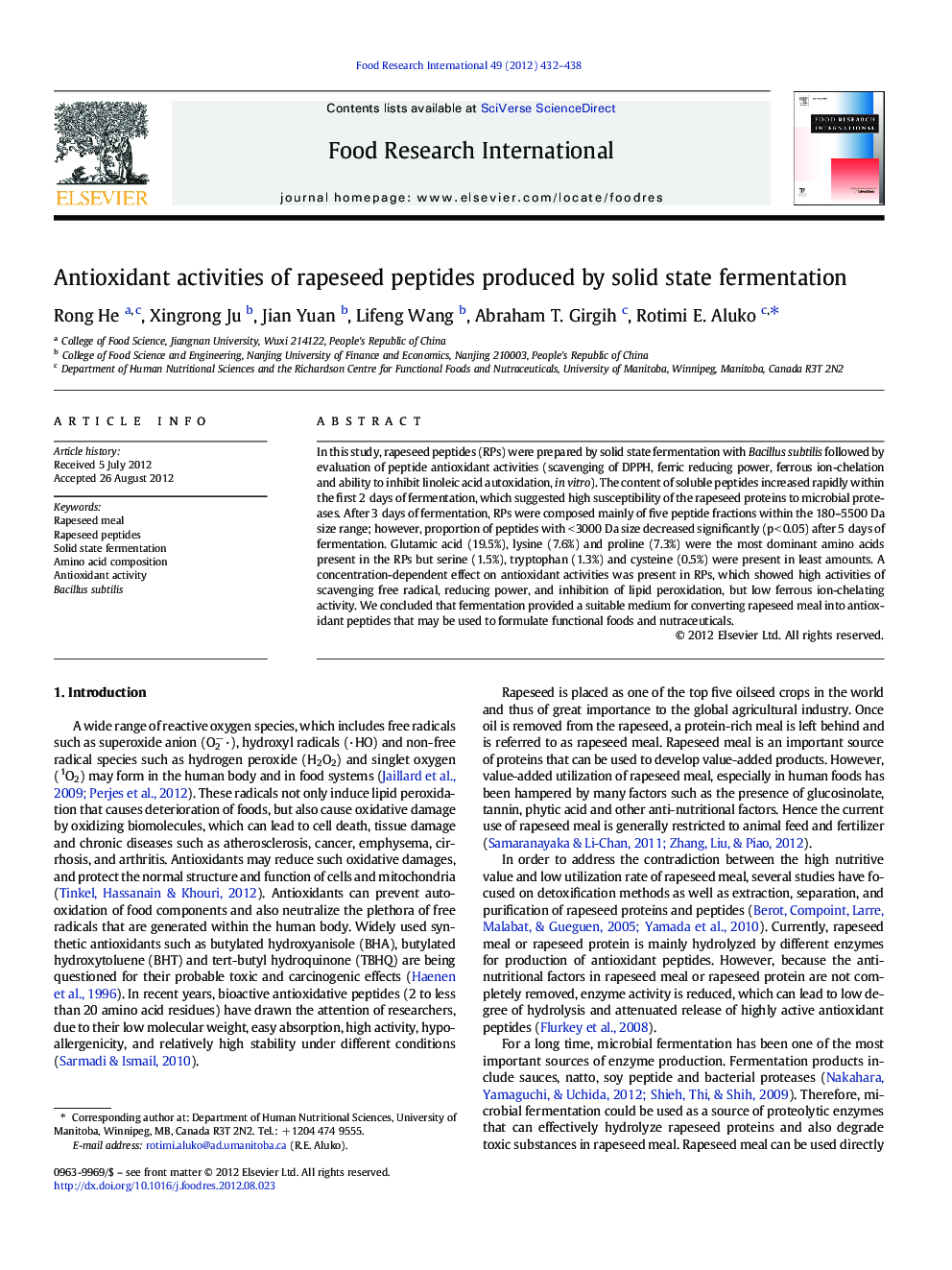 Antioxidant activities of rapeseed peptides produced by solid state fermentation