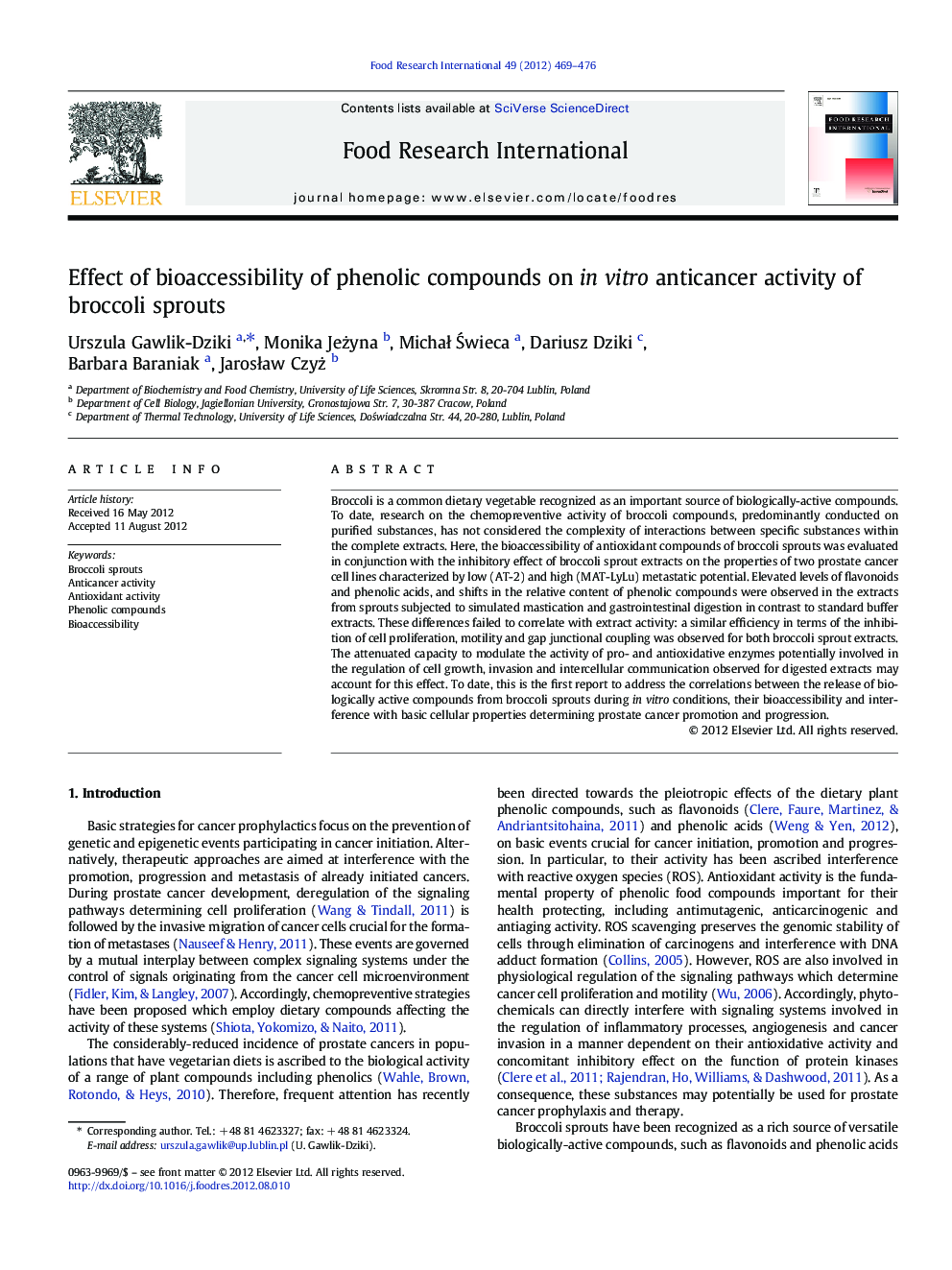 Effect of bioaccessibility of phenolic compounds on in vitro anticancer activity of broccoli sprouts