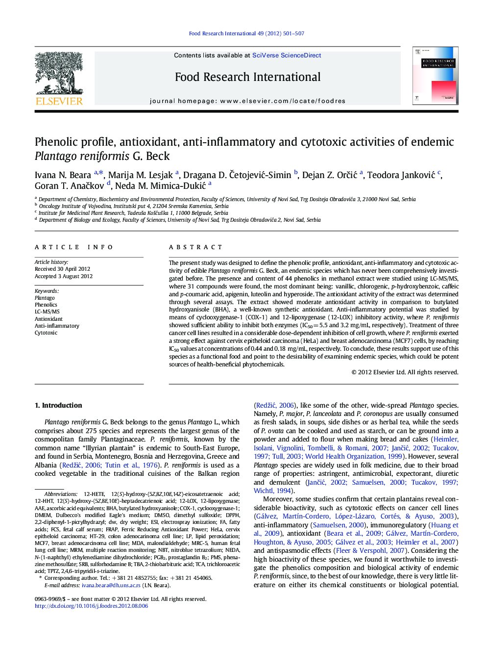 Phenolic profile, antioxidant, anti-inflammatory and cytotoxic activities of endemic Plantago reniformis G. Beck