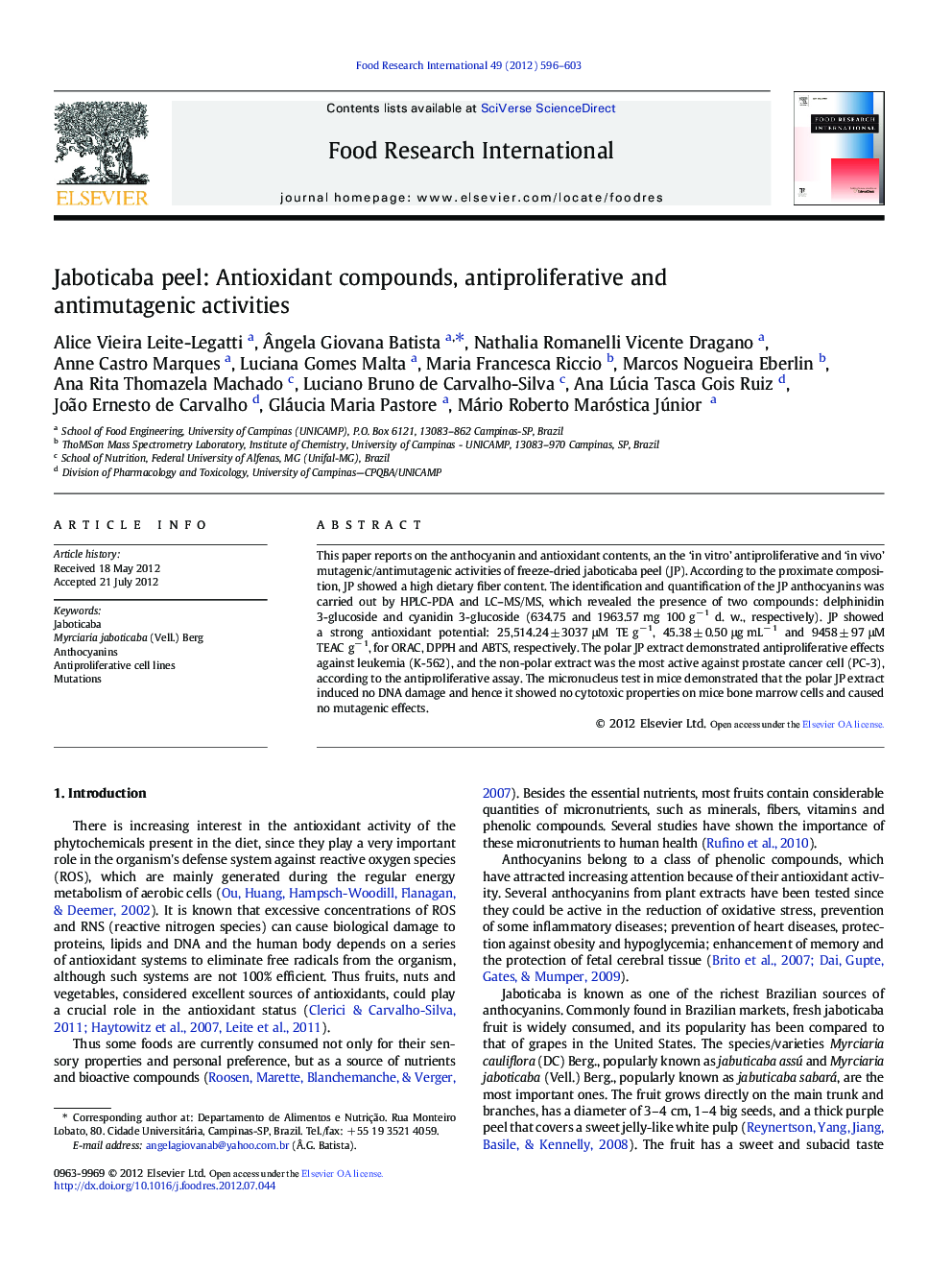 Jaboticaba peel: Antioxidant compounds, antiproliferative and antimutagenic activities