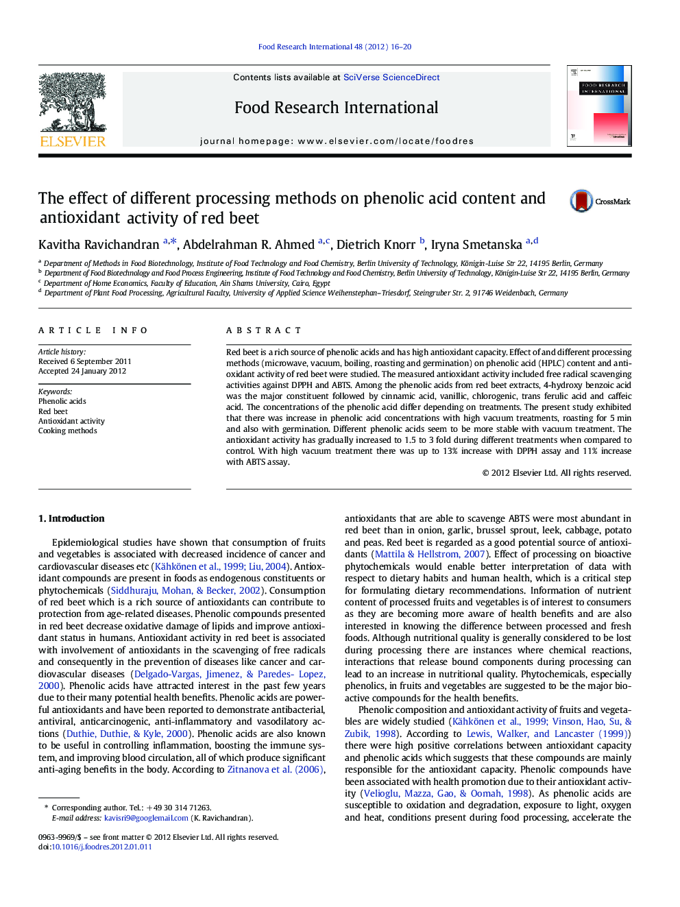 The effect of different processing methods on phenolic acid content and antioxidant activity of red beet