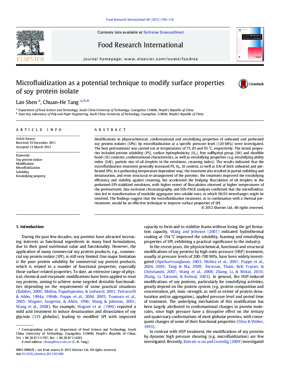 Microfluidization as a potential technique to modify surface properties of soy protein isolate