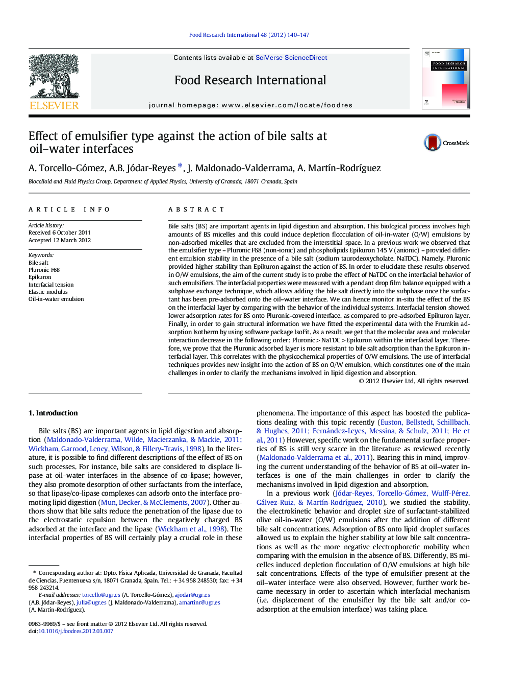 Effect of emulsifier type against the action of bile salts at oil-water interfaces