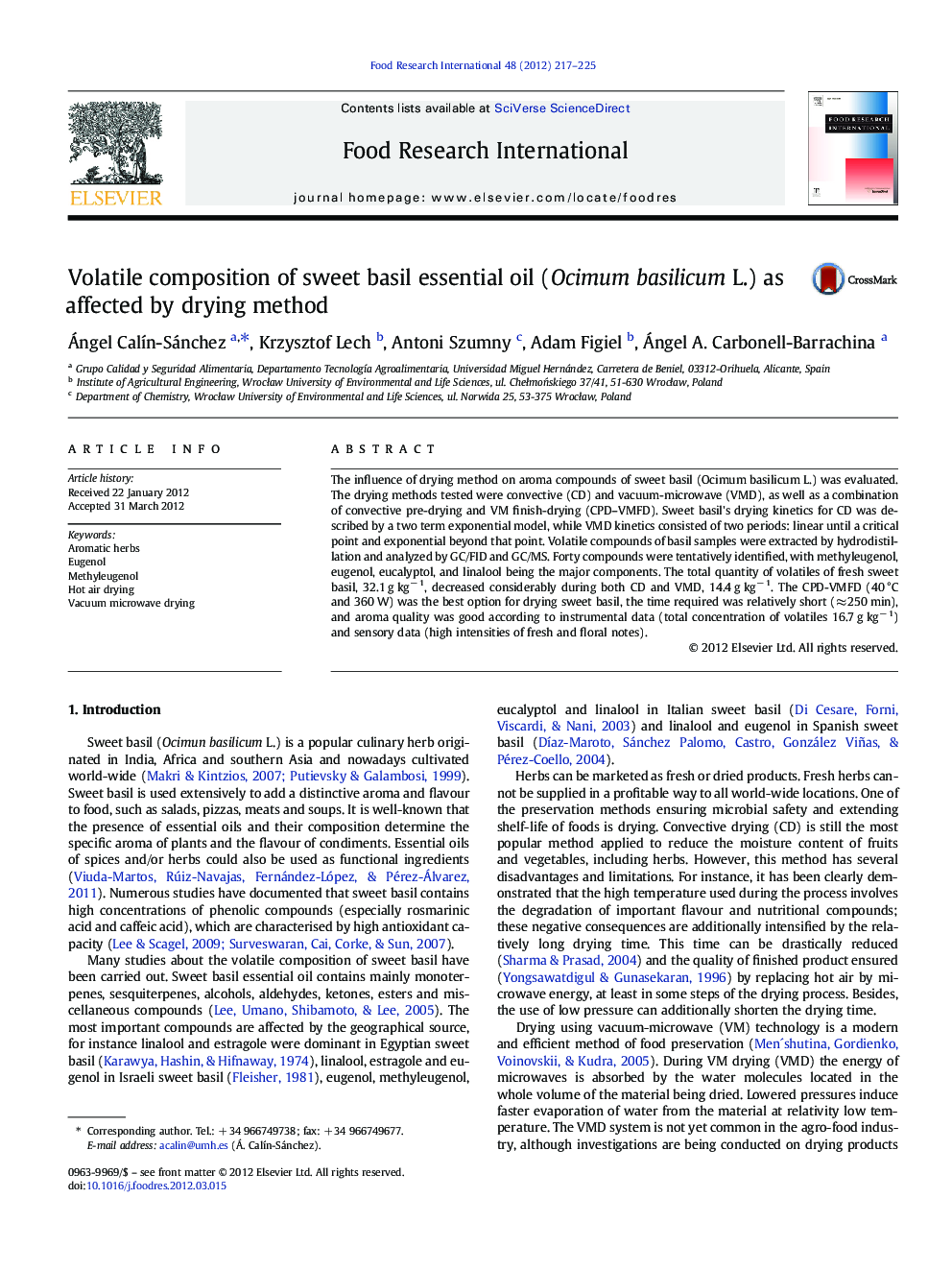 Volatile composition of sweet basil essential oil (Ocimum basilicum L.) as affected by drying method