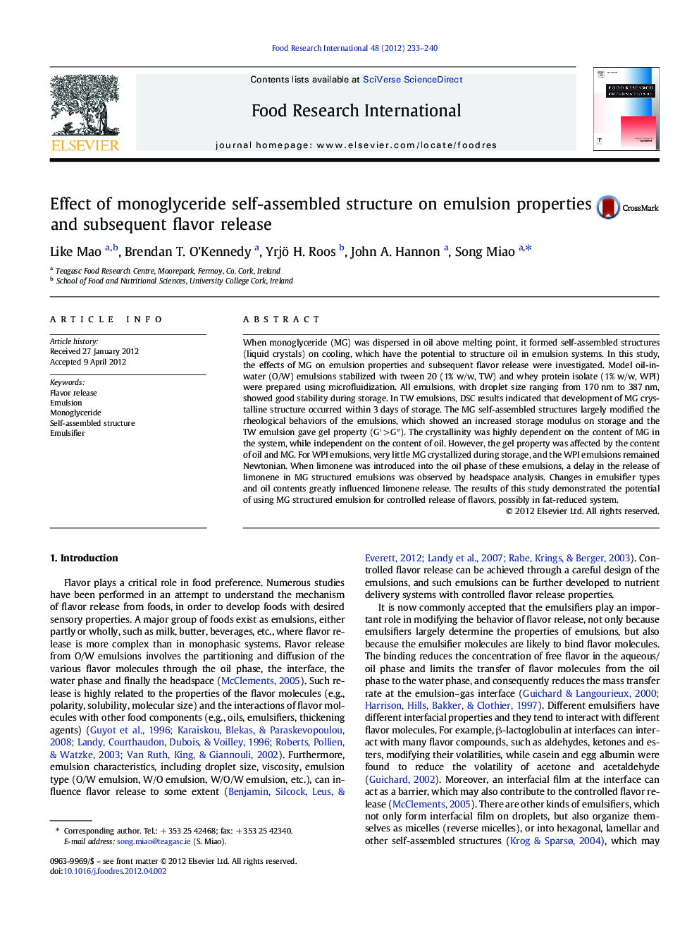 Effect of monoglyceride self-assembled structure on emulsion properties and subsequent flavor release