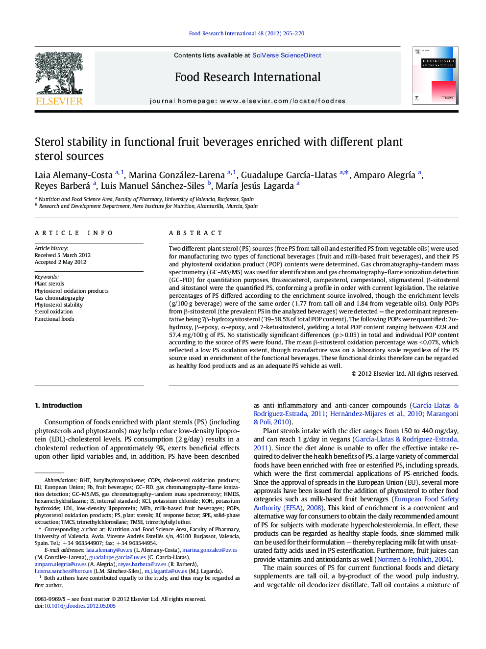 Sterol stability in functional fruit beverages enriched with different plant sterol sources