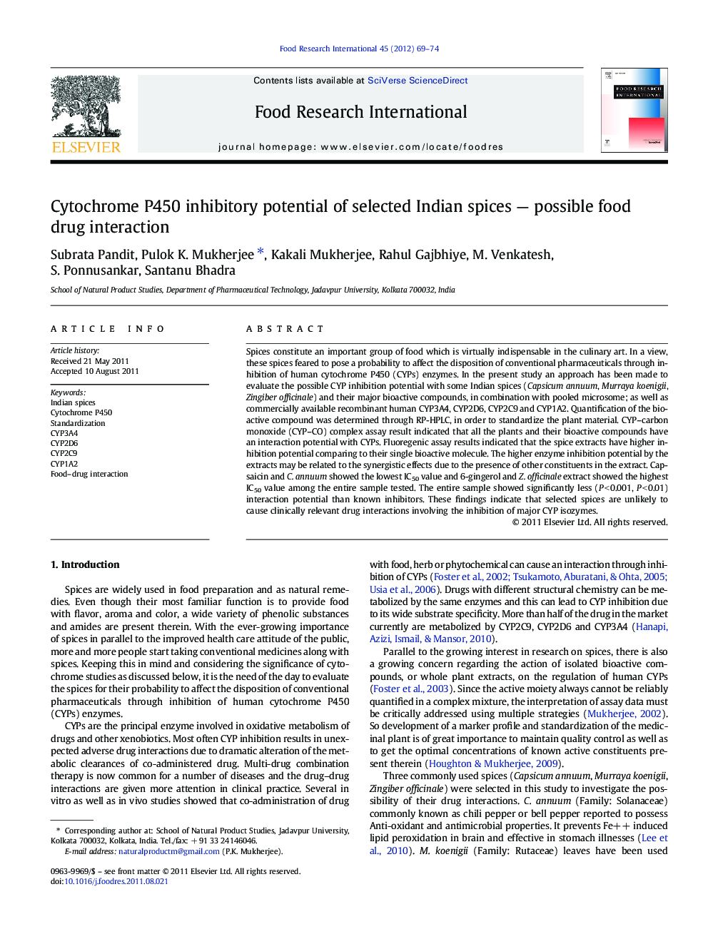 Cytochrome P450 inhibitory potential of selected Indian spices - possible food drug interaction