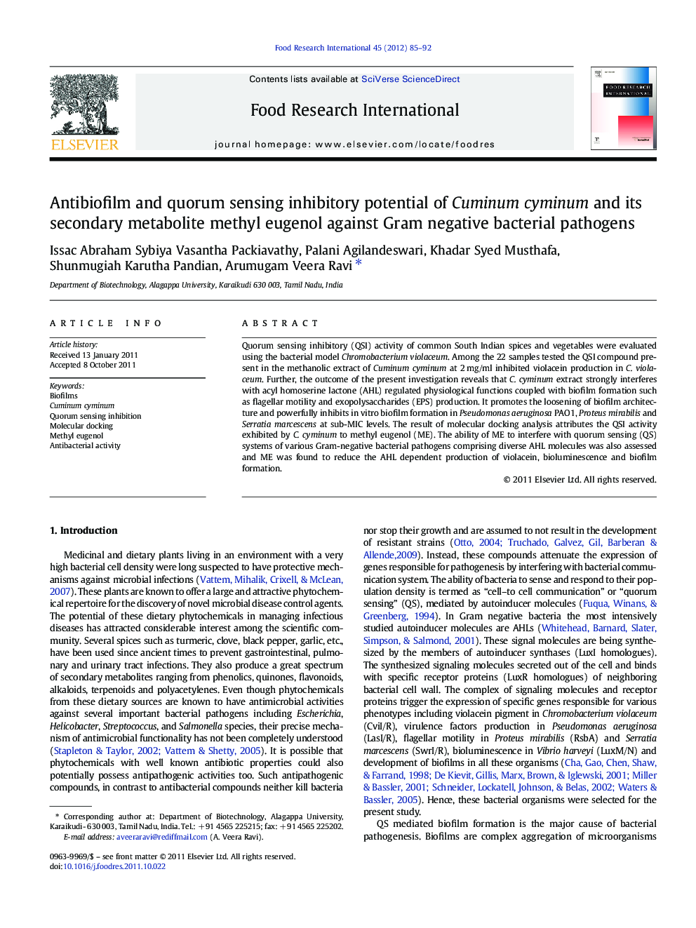 Antibiofilm and quorum sensing inhibitory potential of Cuminum cyminum and its secondary metabolite methyl eugenol against Gram negative bacterial pathogens