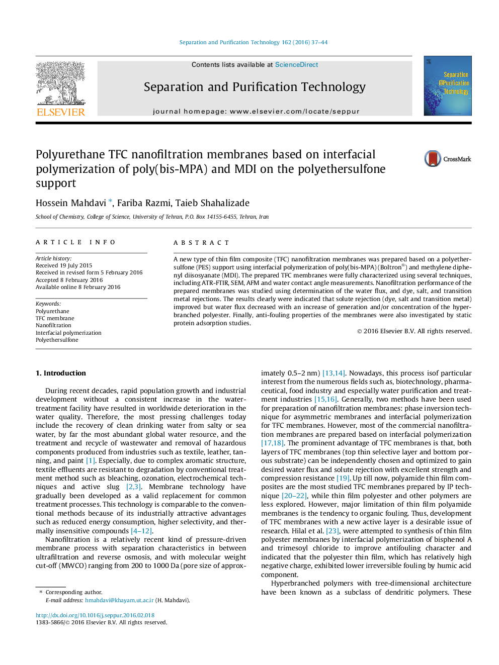 Polyurethane TFC nanofiltration membranes based on interfacial polymerization of poly(bis-MPA) and MDI on the polyethersulfone support