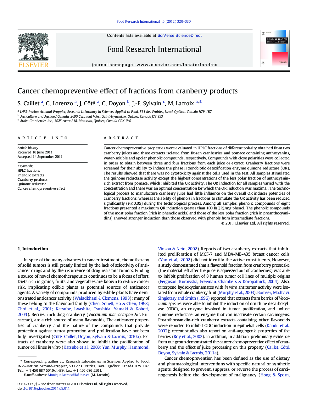 Cancer chemopreventive effect of fractions from cranberry products