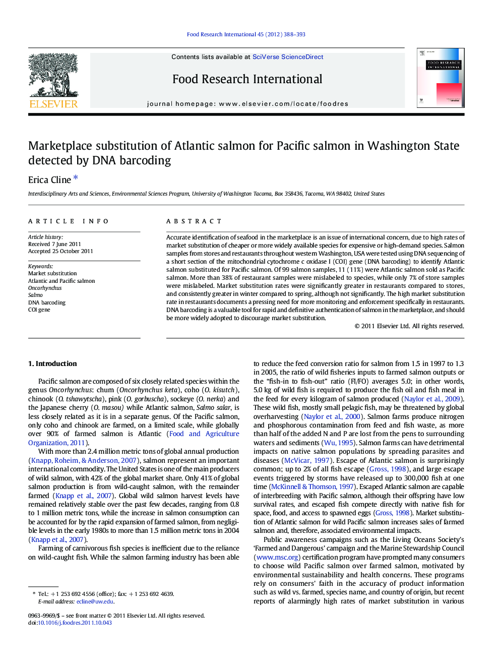 Marketplace substitution of Atlantic salmon for Pacific salmon in Washington State detected by DNA barcoding