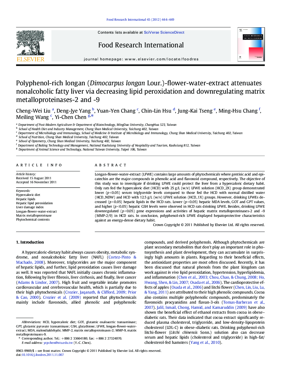 Polyphenol-rich longan (Dimocarpus longan Lour.)-flower-water-extract attenuates nonalcoholic fatty liver via decreasing lipid peroxidation and downregulating matrix metalloproteinases-2 and -9