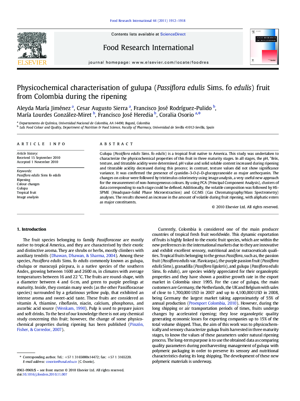 Physicochemical characterisation of gulupa (Passiflora edulis Sims. fo edulis) fruit from Colombia during the ripening