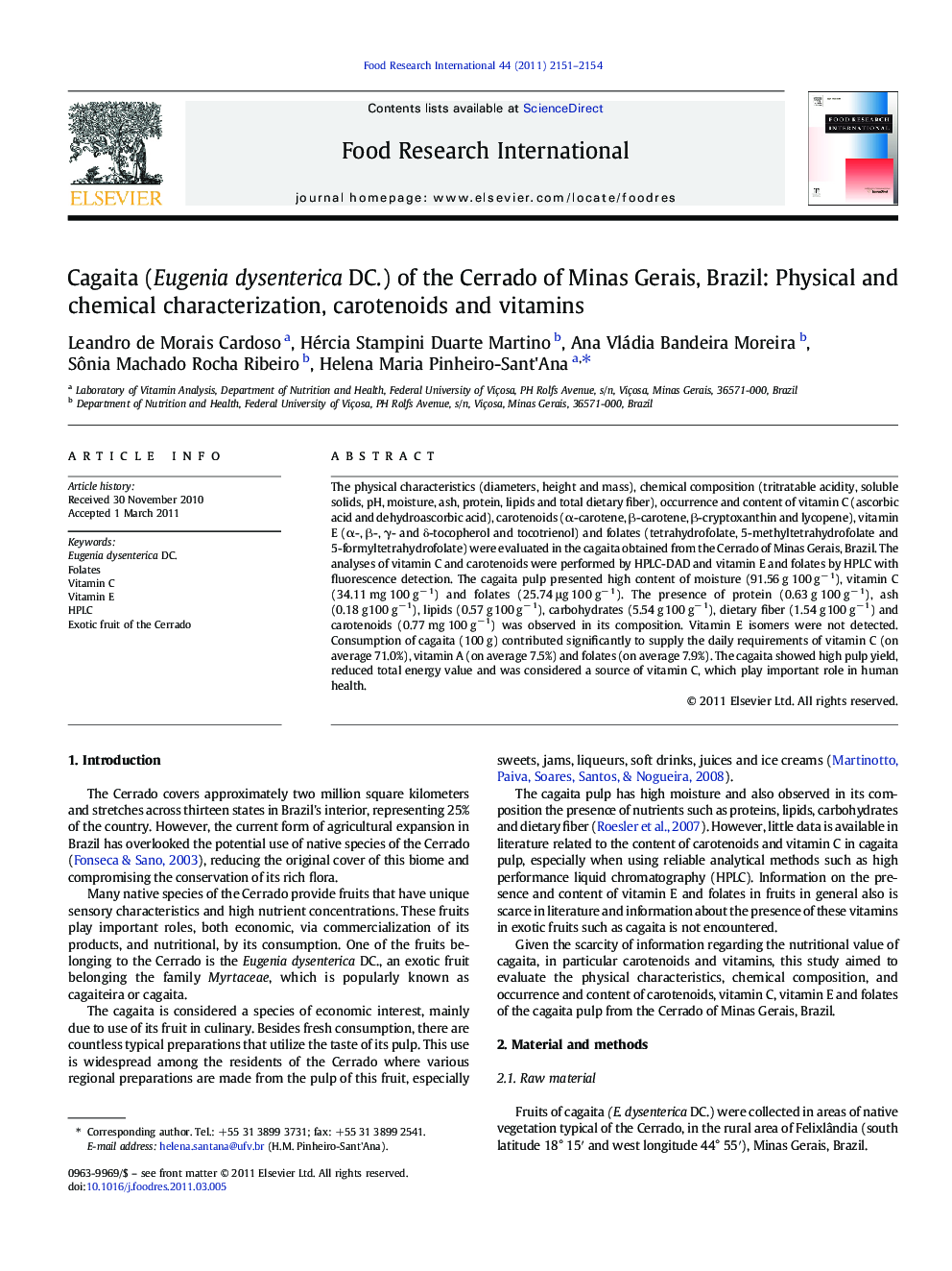 Cagaita (Eugenia dysenterica DC.) of the Cerrado of Minas Gerais, Brazil: Physical and chemical characterization, carotenoids and vitamins