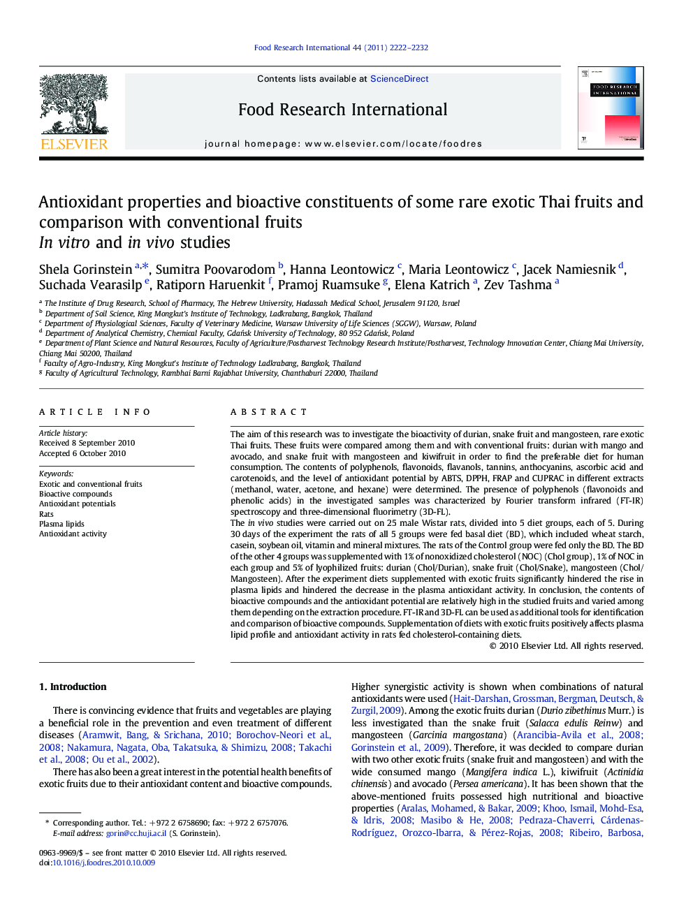 Antioxidant properties and bioactive constituents of some rare exotic Thai fruits and comparison with conventional fruits: In vitro and in vivo studies