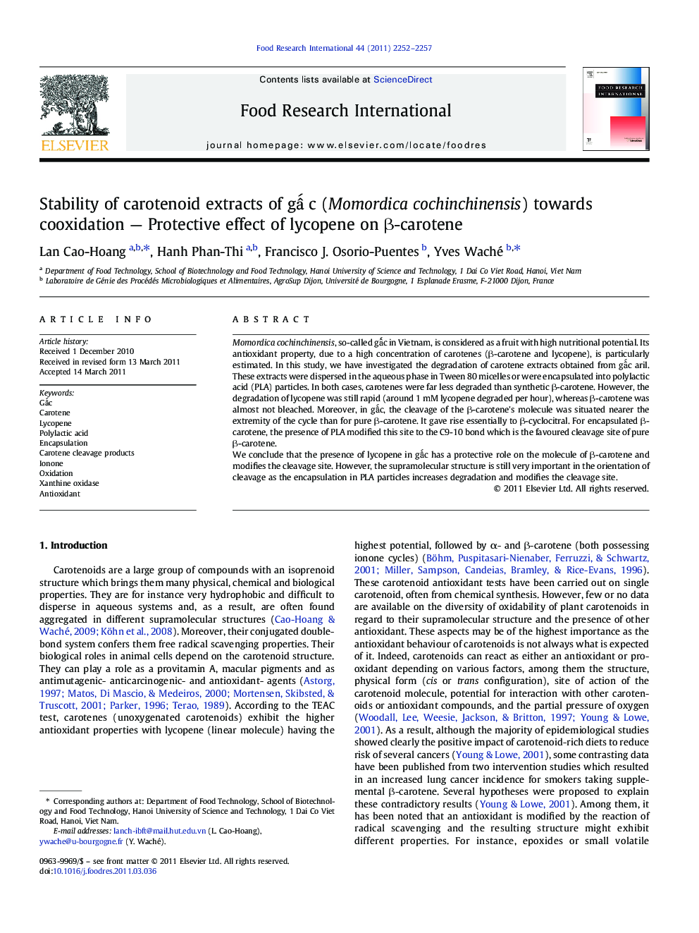 Stability of carotenoid extracts of gáº¥c (Momordica cochinchinensis) towards cooxidation - Protective effect of lycopene on Î²-carotene