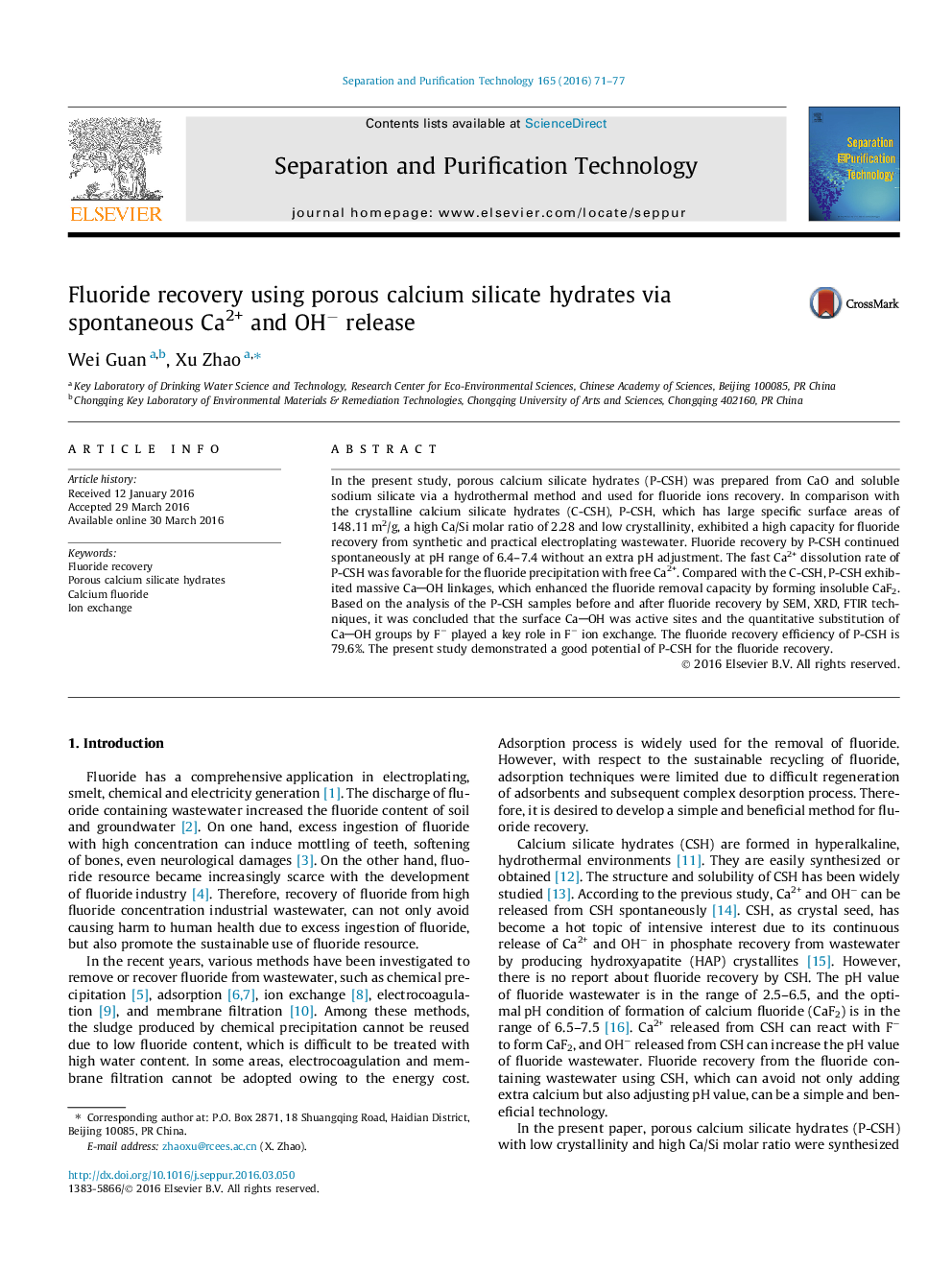 Fluoride recovery using porous calcium silicate hydrates via spontaneous Ca2+ and OHâ release