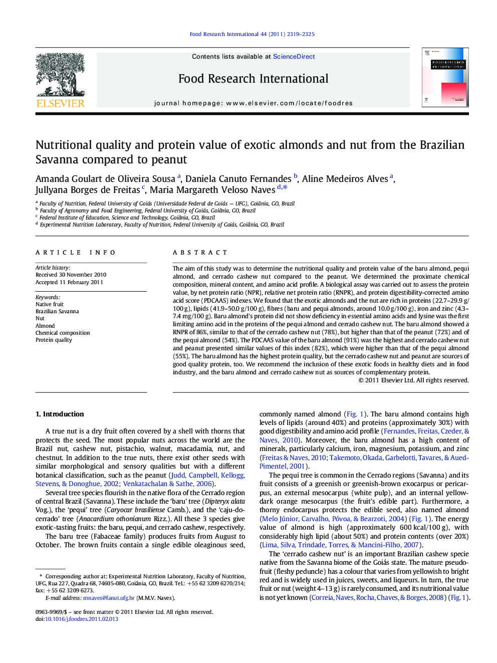 Nutritional quality and protein value of exotic almonds and nut from the Brazilian Savanna compared to peanut