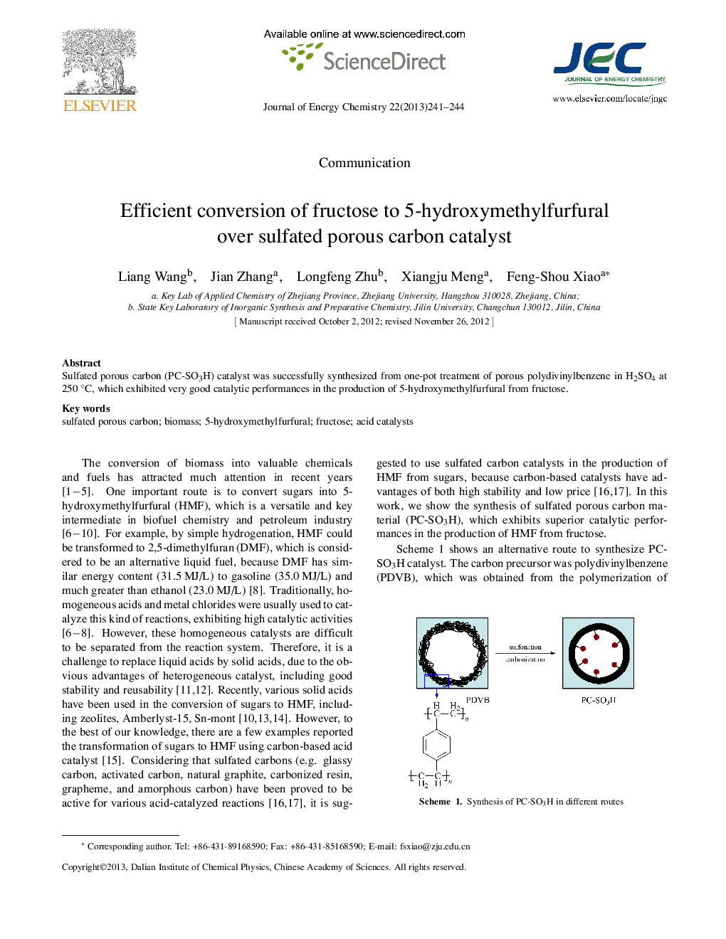 Efficient conversion of fructose to 5-hydroxymethylfurfural over sulfated porous carbon catalyst