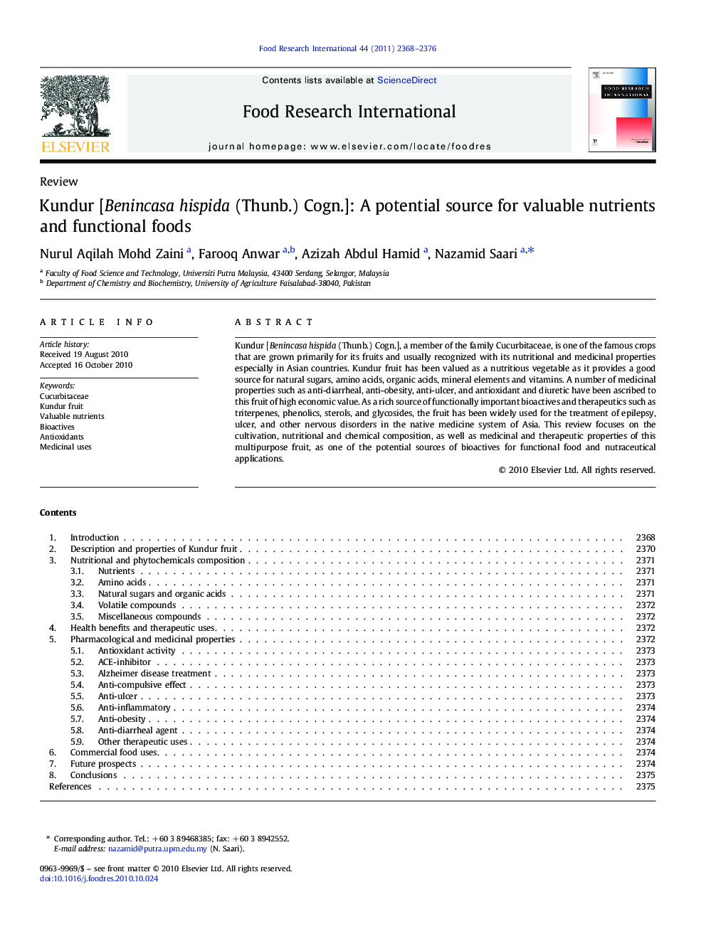 ReviewKundur [Benincasa hispida (Thunb.) Cogn.]: A potential source for valuable nutrients and functional foods