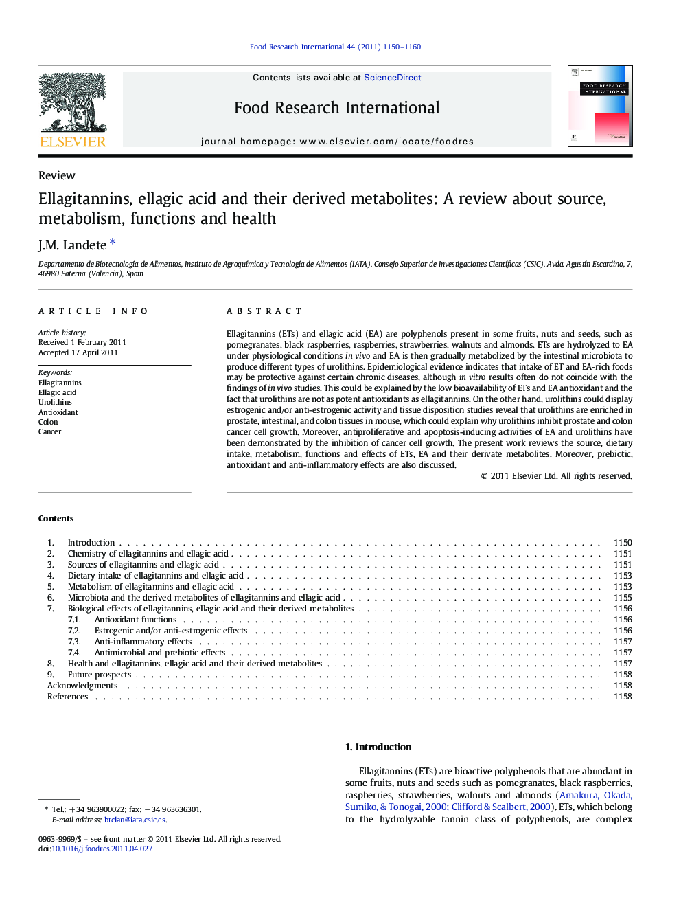 ReviewEllagitannins, ellagic acid and their derived metabolites: A review about source, metabolism, functions and health