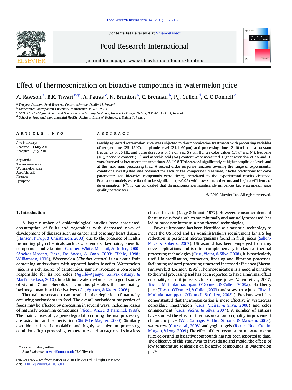 Effect of thermosonication on bioactive compounds in watermelon juice