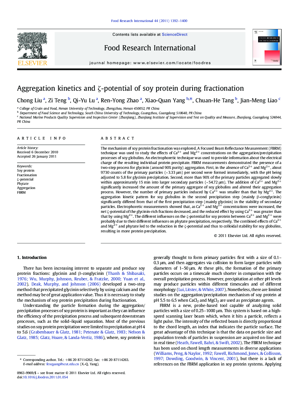 Aggregation kinetics and Î¶-potential of soy protein during fractionation