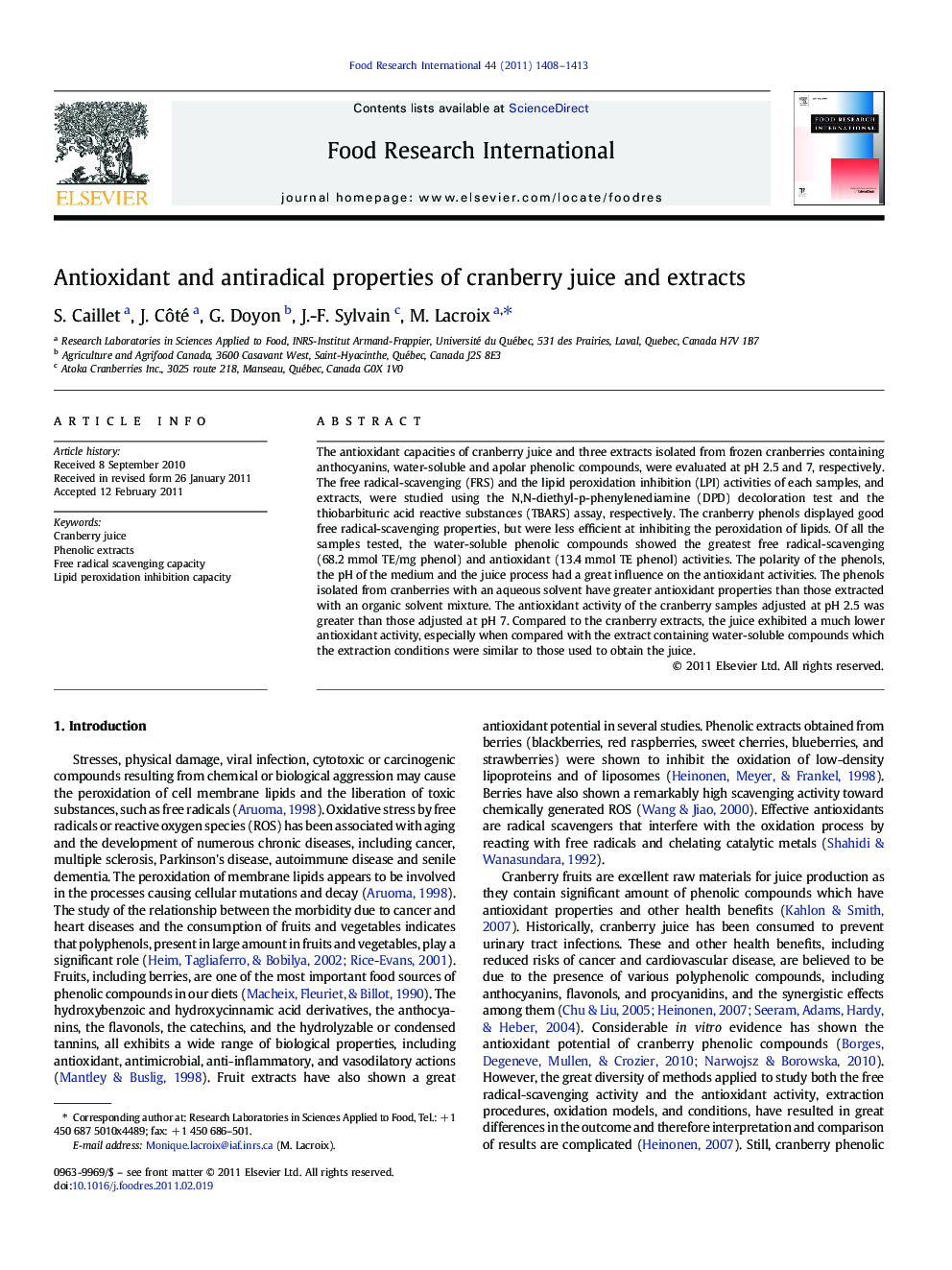 Antioxidant and antiradical properties of cranberry juice and extracts