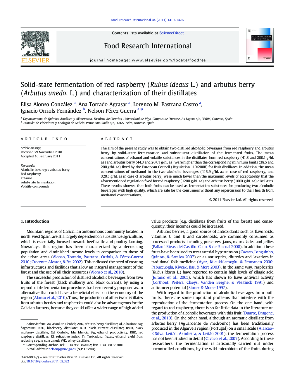 Solid-state fermentation of red raspberry (Rubus ideaus L.) and arbutus berry (Arbutus unedo, L.) and characterization of their distillates