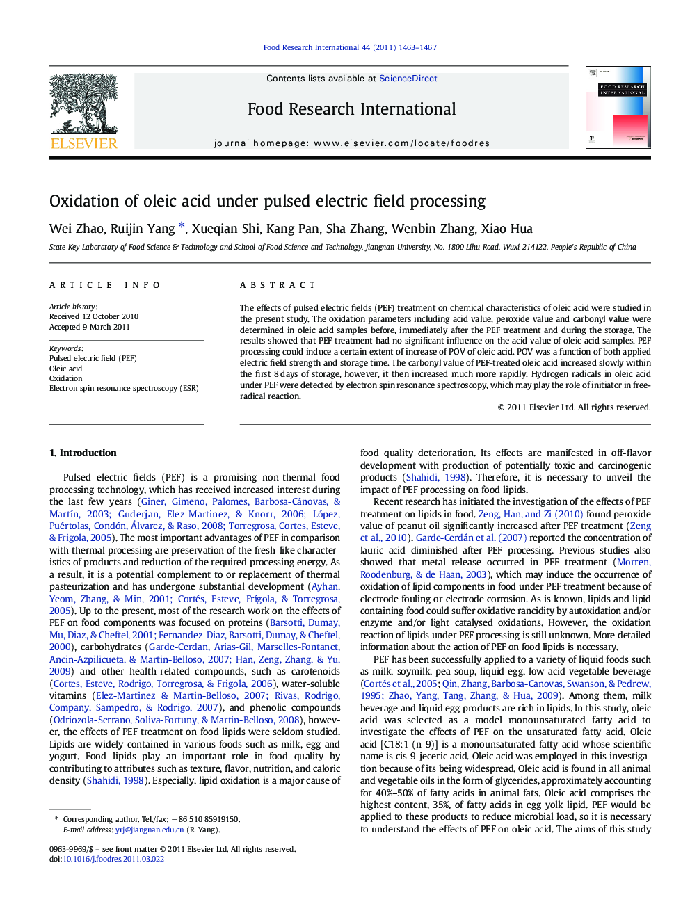 Oxidation of oleic acid under pulsed electric field processing