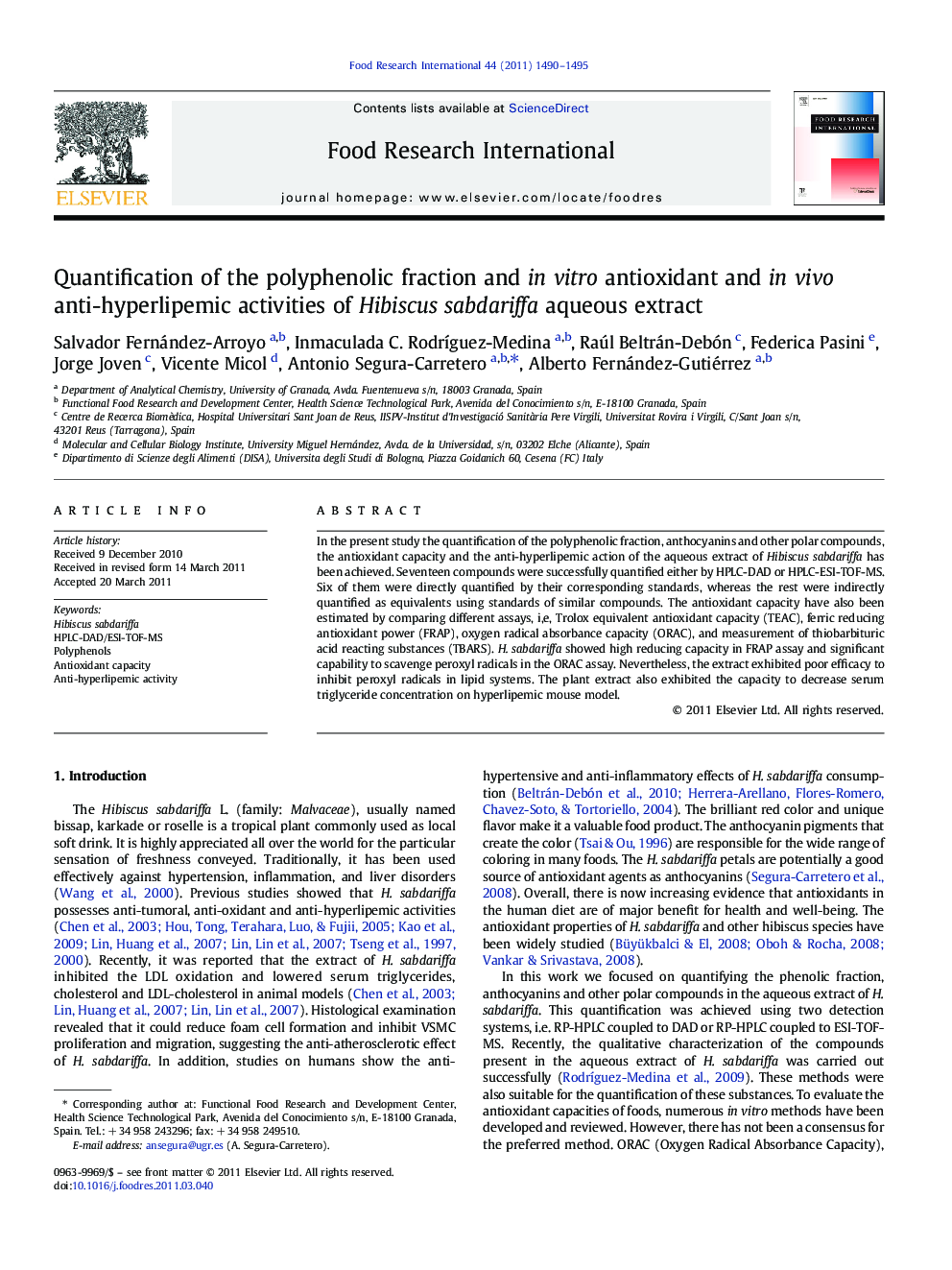 Quantification of the polyphenolic fraction and in vitro antioxidant and in vivo anti-hyperlipemic activities of Hibiscus sabdariffa aqueous extract