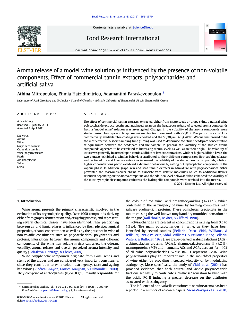 Aroma release of a model wine solution as influenced by the presence of non-volatile components. Effect of commercial tannin extracts, polysaccharides and artificial saliva