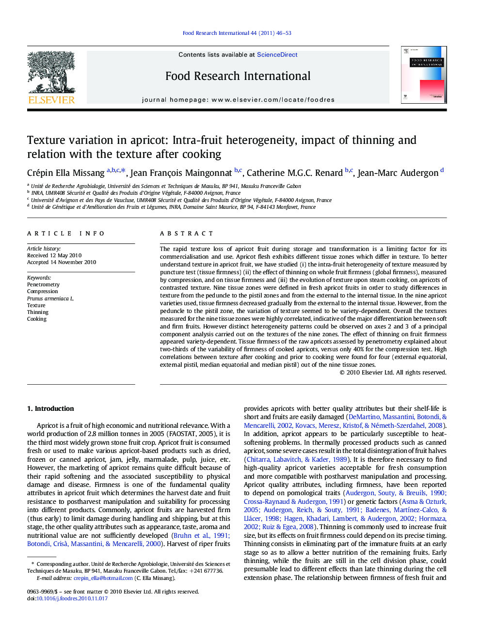 Texture variation in apricot: Intra-fruit heterogeneity, impact of thinning and relation with the texture after cooking