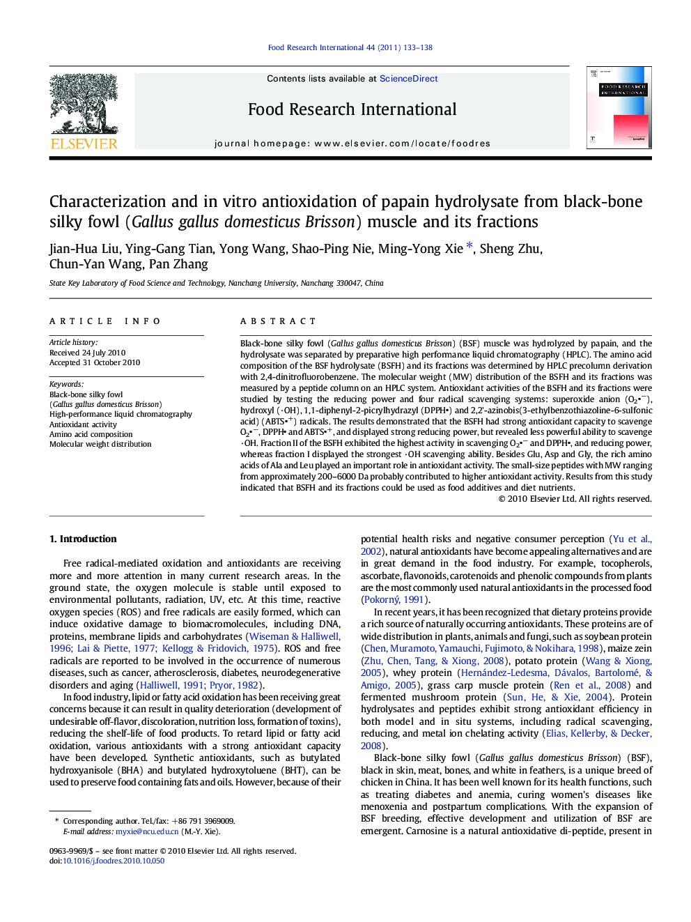 Characterization and in vitro antioxidation of papain hydrolysate from black-bone silky fowl (Gallus gallus domesticus Brisson) muscle and its fractions