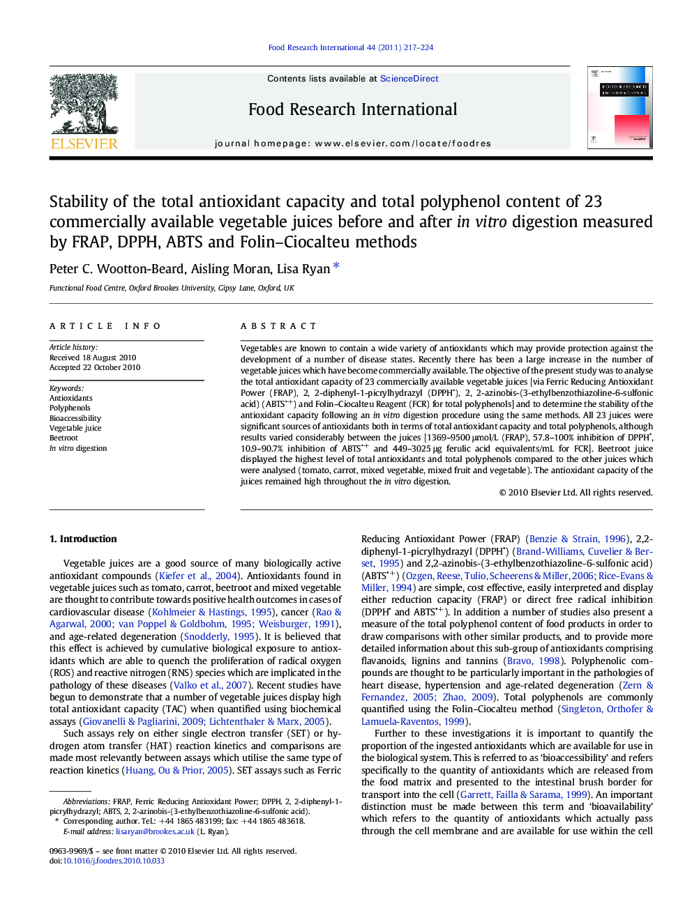 Stability of the total antioxidant capacity and total polyphenol content of 23 commercially available vegetable juices before and after in vitro digestion measured by FRAP, DPPH, ABTS and Folin-Ciocalteu methods