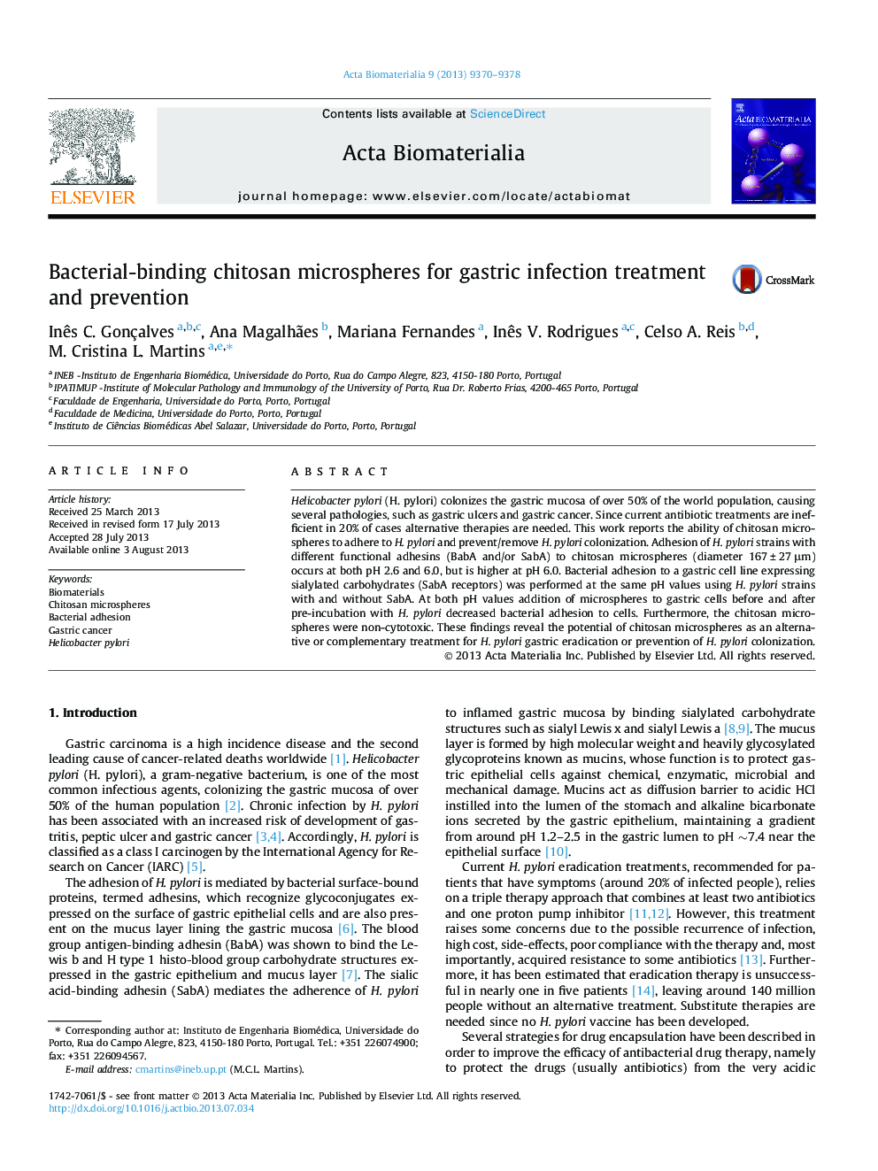 عکس صفحه اول مقاله: Bacterial-binding chitosan microspheres for gastric infection treatment and prevention Bacterial-binding chitosan microspheres for gastric infection treatment and prevention