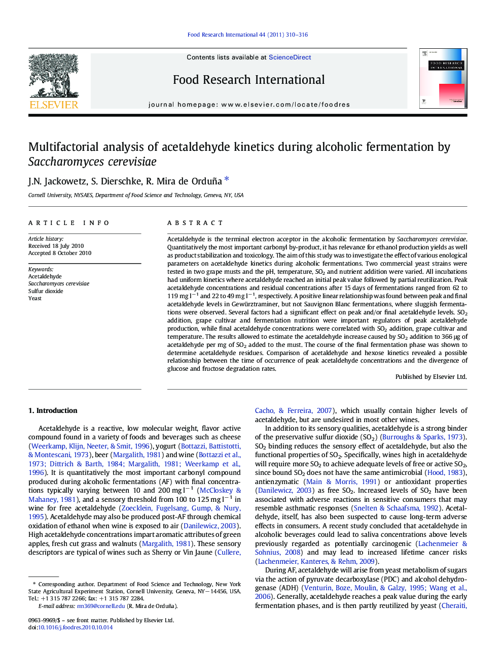 Multifactorial analysis of acetaldehyde kinetics during alcoholic fermentation by Saccharomyces cerevisiae