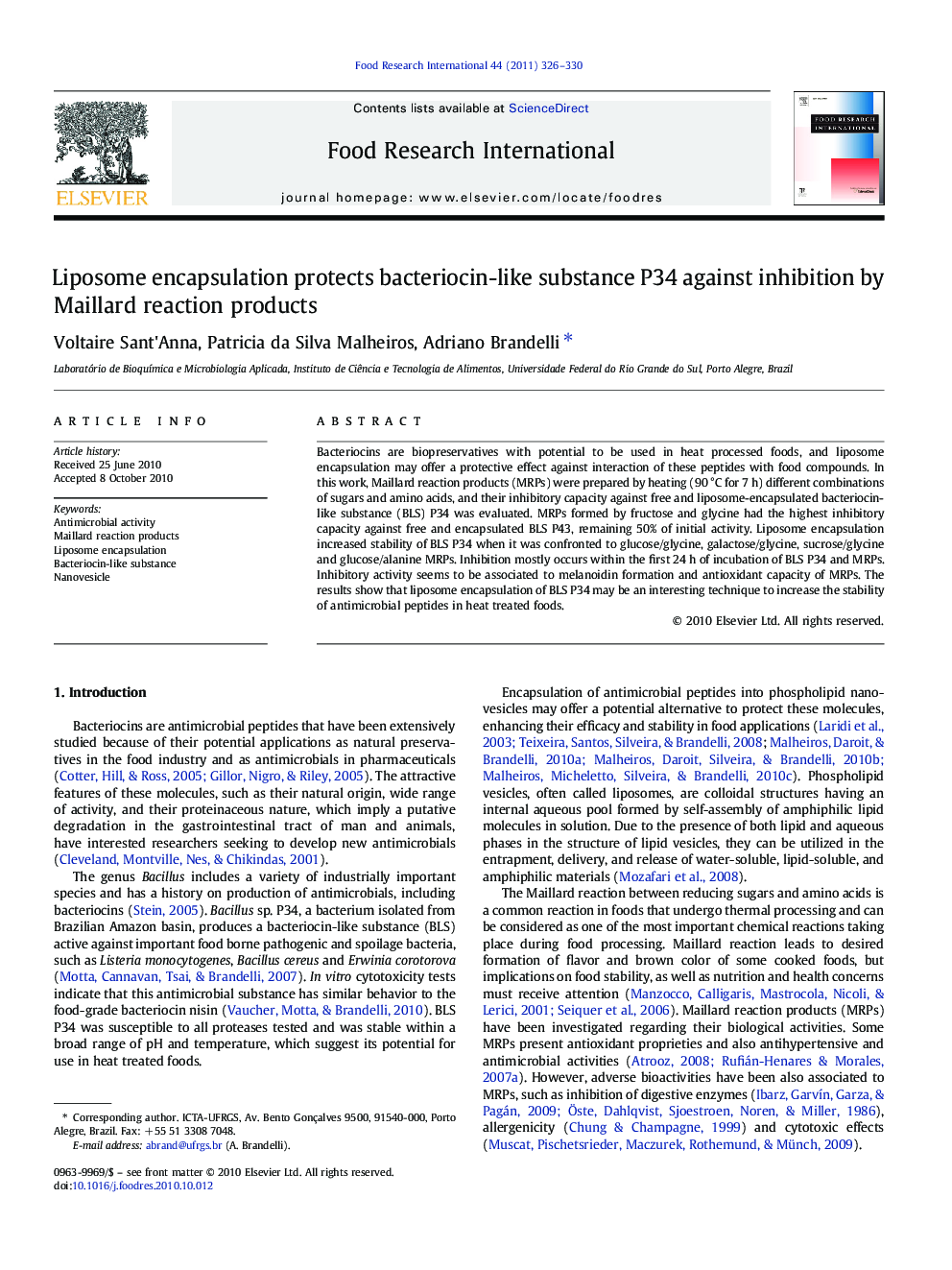 Liposome encapsulation protects bacteriocin-like substance P34 against inhibition by Maillard reaction products