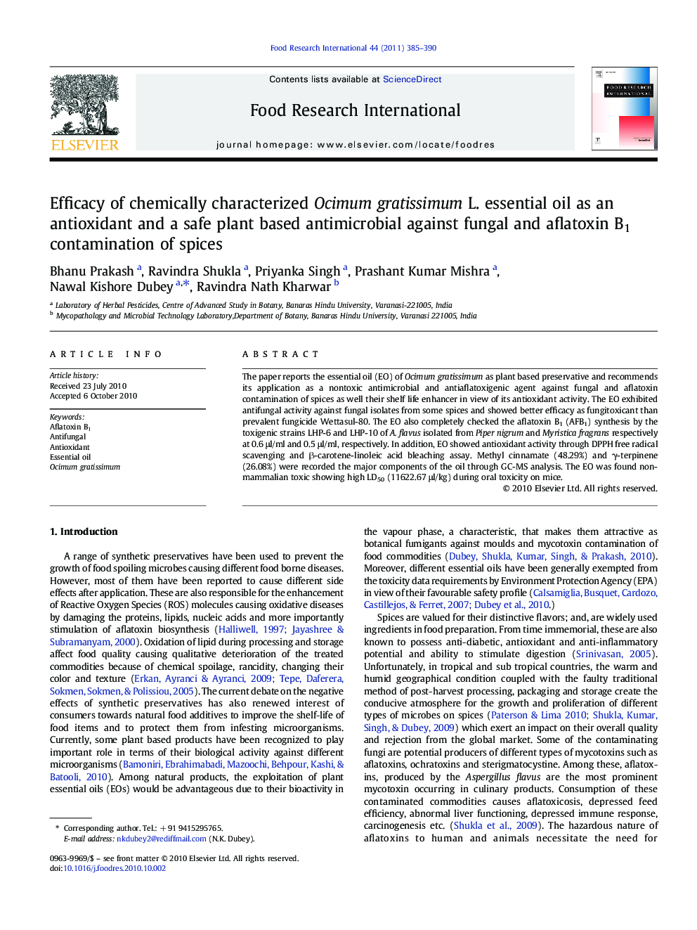 Efficacy of chemically characterized Ocimum gratissimum L. essential oil as an antioxidant and a safe plant based antimicrobial against fungal and aflatoxin B1 contamination of spices