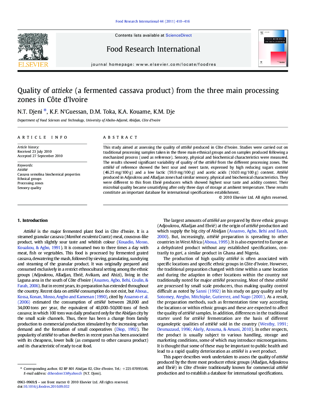 عکس صفحه اول مقاله: Quality of attieke (a fermented cassava product) from the three main processing zones in Côte d'Ivoire Quality of attieke (a fermented cassava product) from the three main processing zones in Côte d'Ivoire