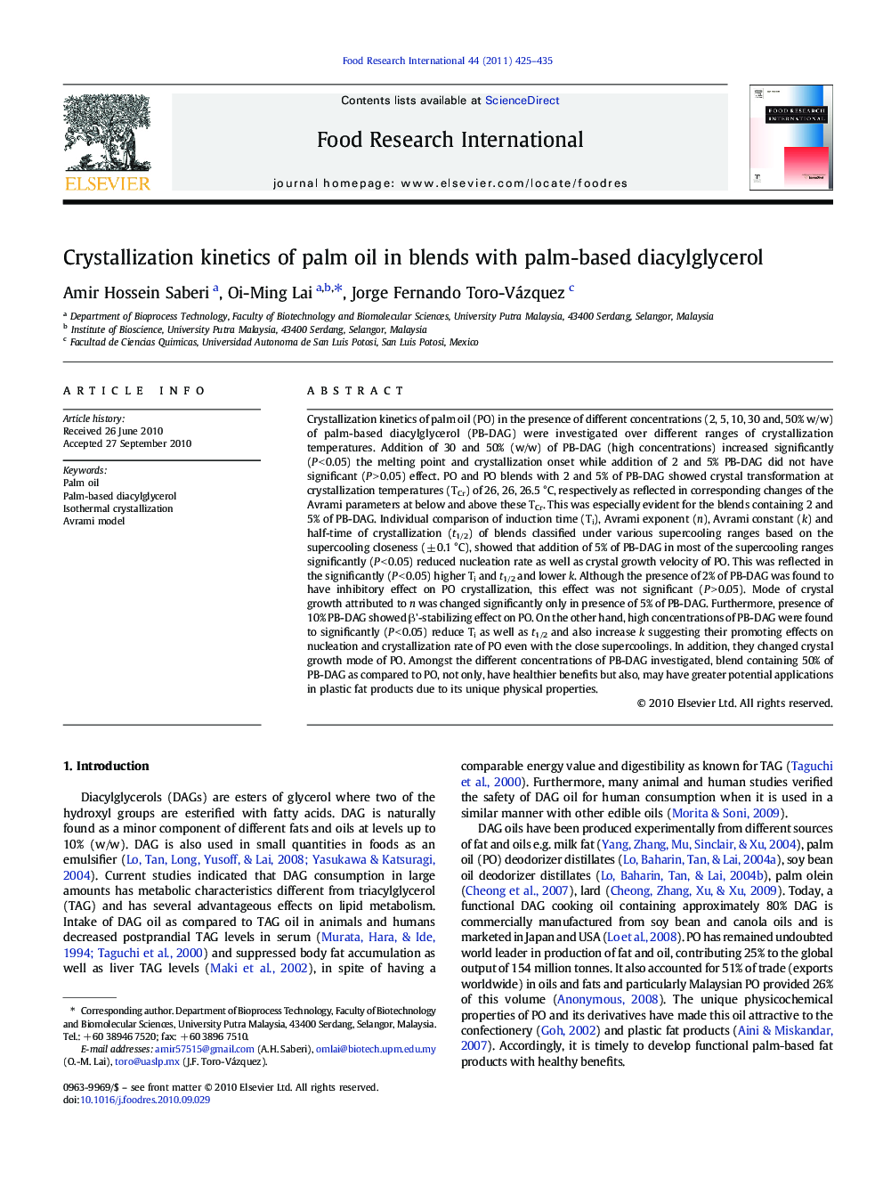 عکس صفحه اول مقاله: Crystallization kinetics of palm oil in blends with palm-based diacylglycerol Crystallization kinetics of palm oil in blends with palm-based diacylglycerol